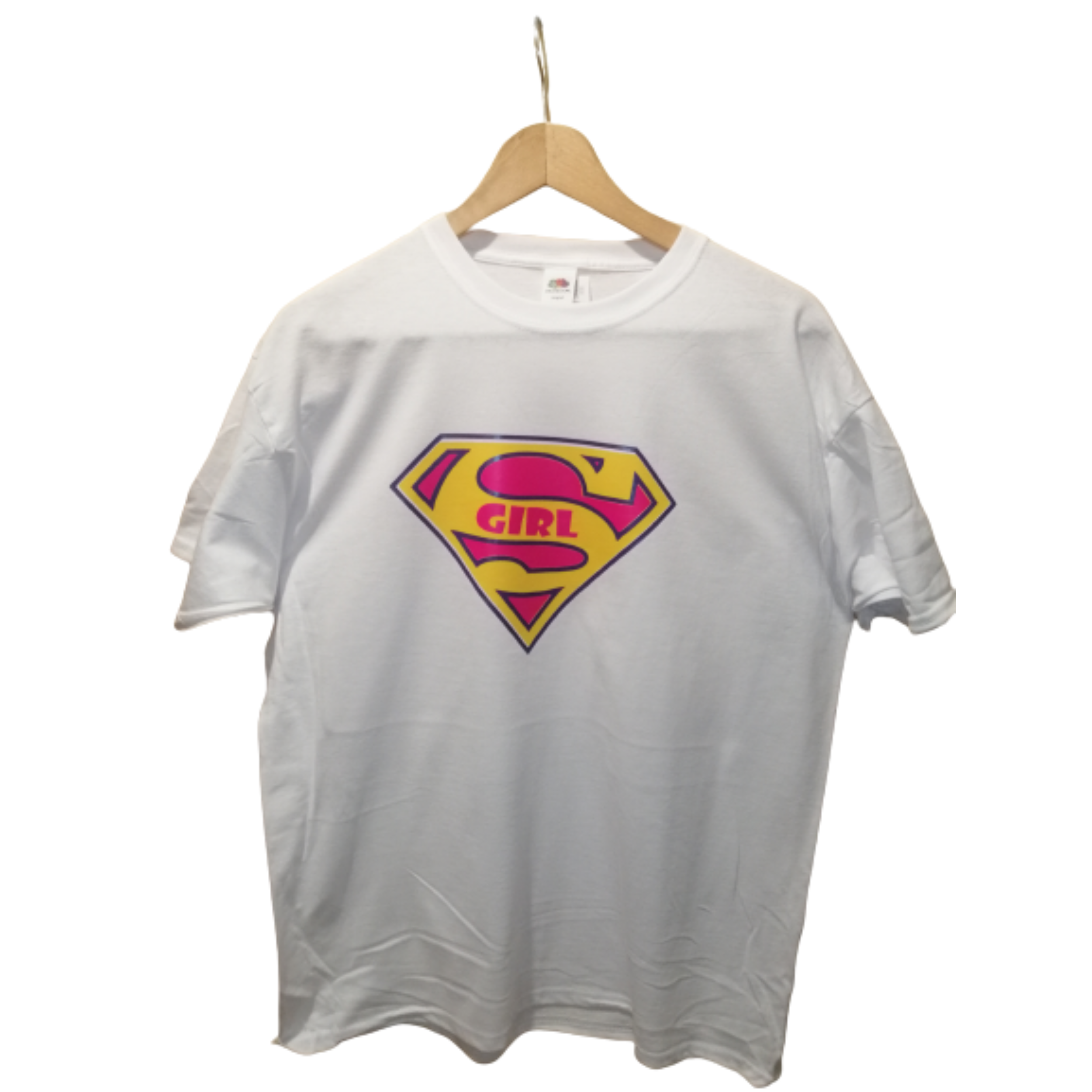 Super Girl Super Hero T Shirt Large Pink Yellow White Unisex Vinyl Tee Supergirl Retrosheep